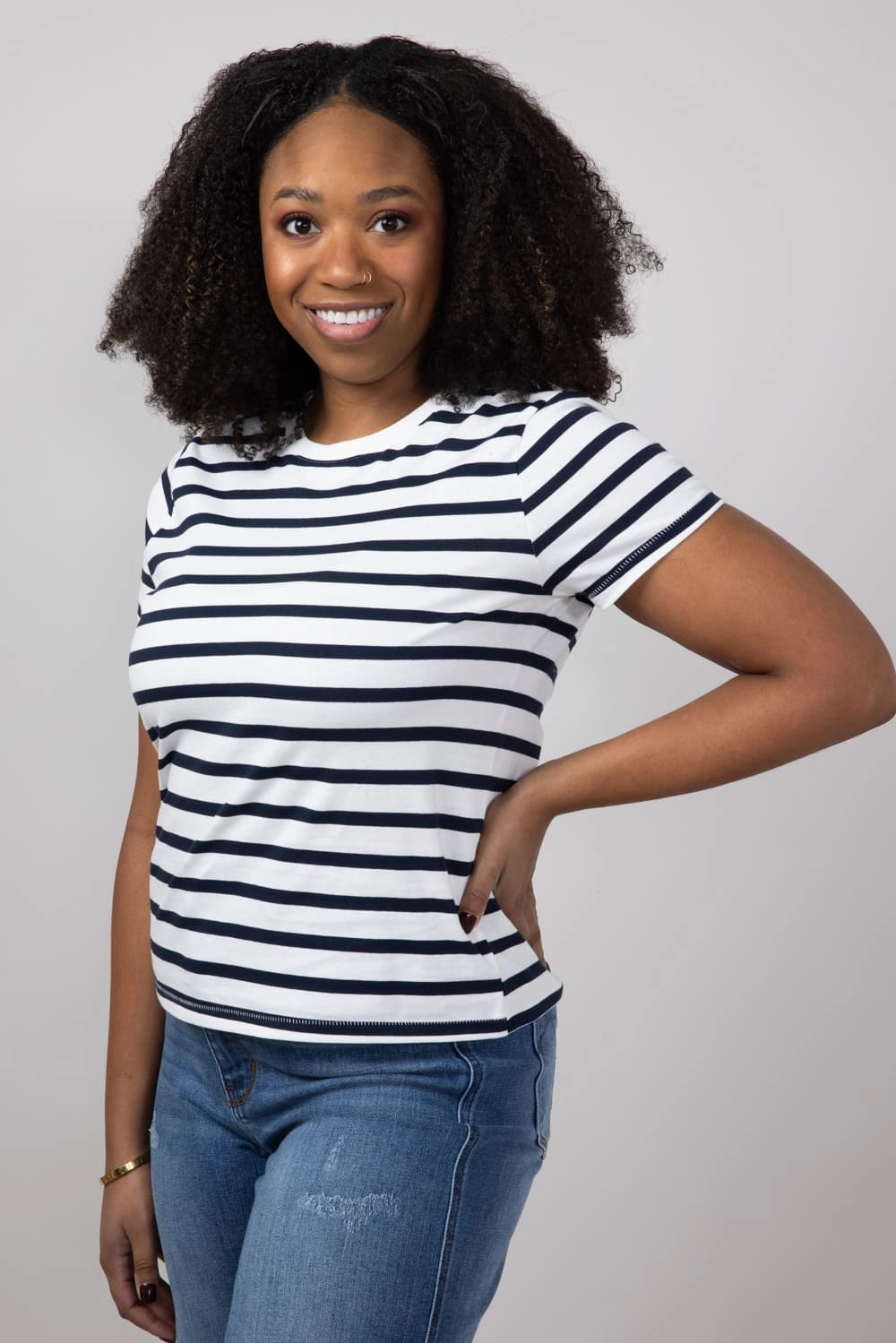 Tight fit sexiness Light Fashion Thread & Supply Asher Striped T-Shirt for Women in White/Navy | T2940CKNTS-WHITENAVY