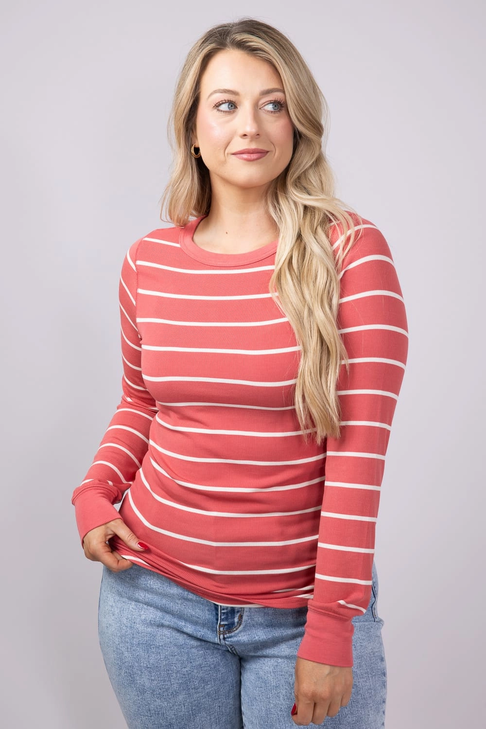 Thread & Supply Stacy Stripe Shirt for Women in Rose/Off White | T1390MSTS-ROSEOFFWHITE Layer Ready