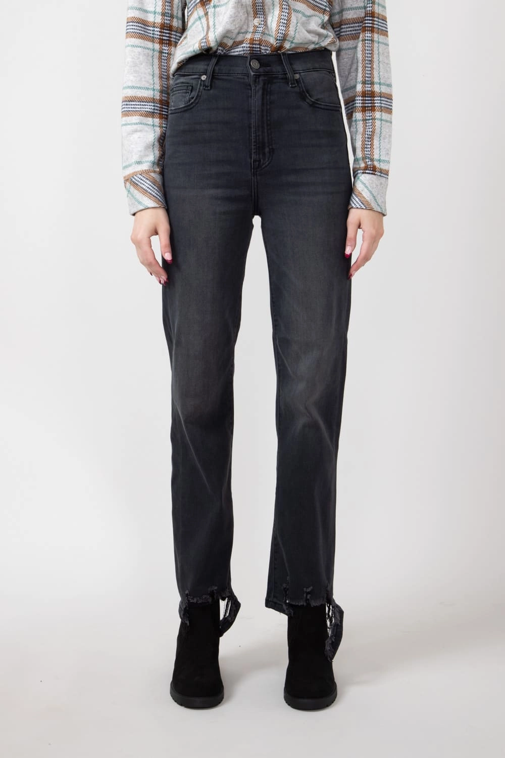 Timeless Choice Hidden Destroyed Hem Straight Jeans for Women in Black | HD1399RS-BLK