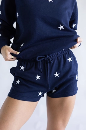 LaserCutEdging 1897 Active Embroidered Star Fleece Shorts for Women in Navy Blue | H375-NAVY