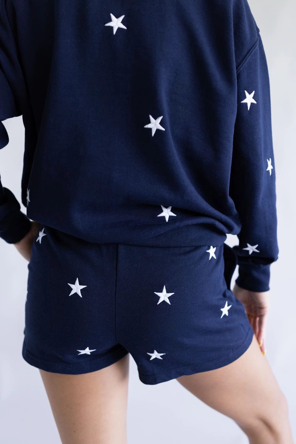 Limited Edition Relaxed Motion 1897 Active Embroidered Star Fleece Shorts for Women in Navy Blue | H375-NAVY