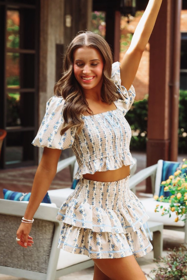 Dearest Ones Top - Taupe and Blue Minimalist Stitching