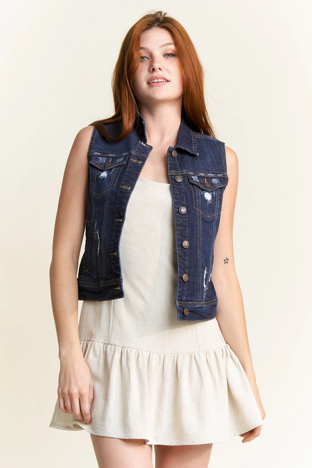 Runway Inspired Relaxed City Style Destructed Regular Fit Denim Vest