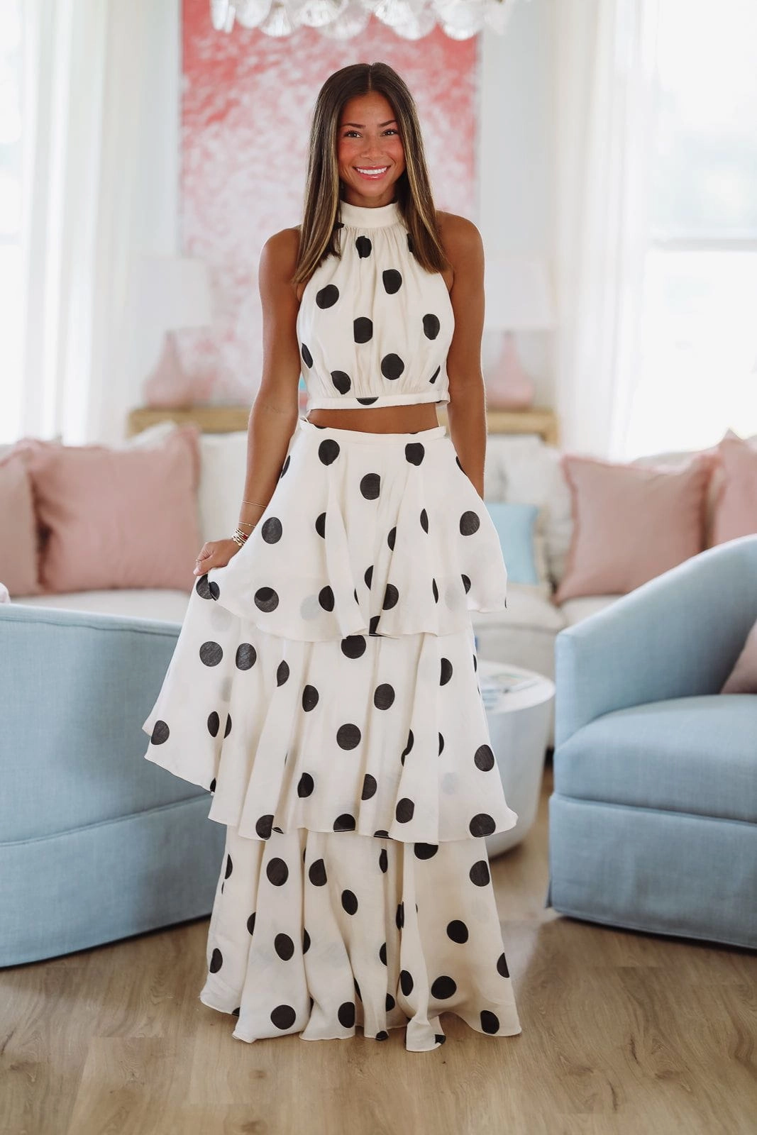 Dots For Days Top and Maxi Skirt Set - Beige and Black Yarn Dyed Fabric Fade Resistant Dye