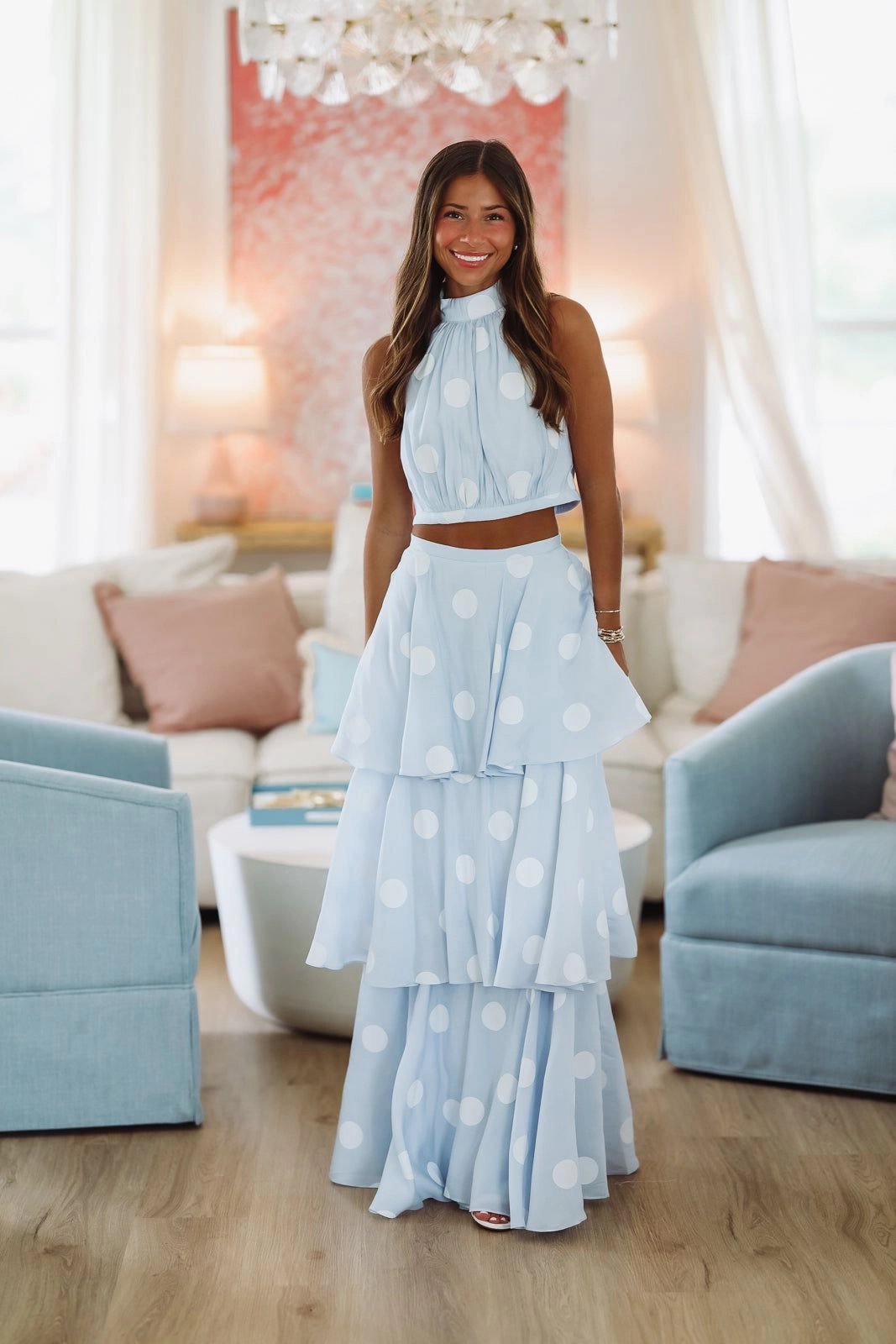 Multi Panel Cut Dots For Days Top and Maxi Skirt Set - Light Blue and White
