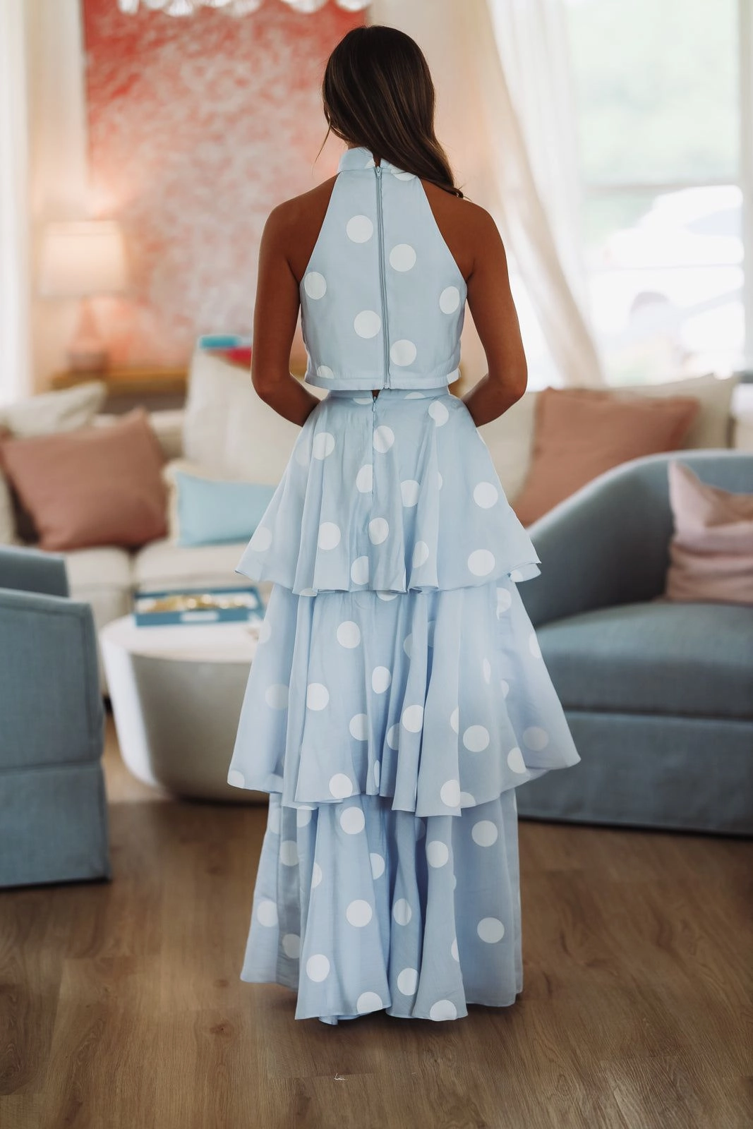 ThermalInsulation Dots For Days Top and Maxi Skirt Set - Light Blue and White