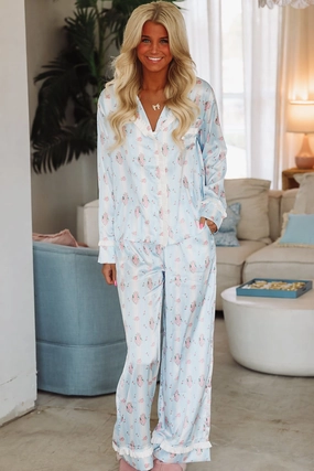 Dreaming of Bouquets Pajama Pant and Top Set - Blue Anti Pilling Technology UniversalFit
