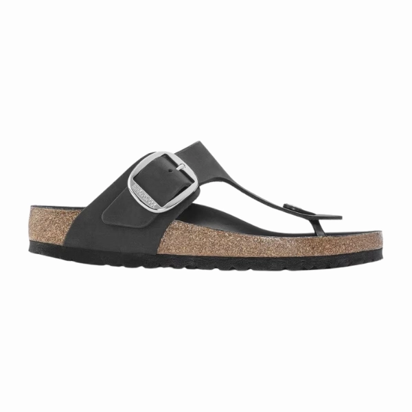 Closed back Birkenstock Women's Gizeh Big Buckle Oiled Leather Black