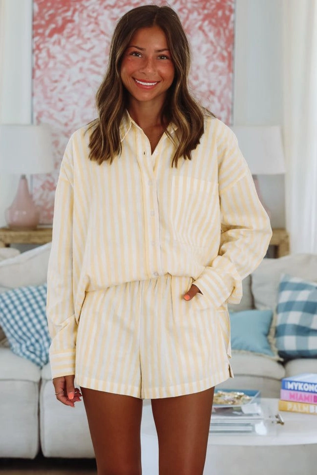 NoiseReduciting Zipper Classic Tank Lemon Stripes Button Down Top - Yellow and White