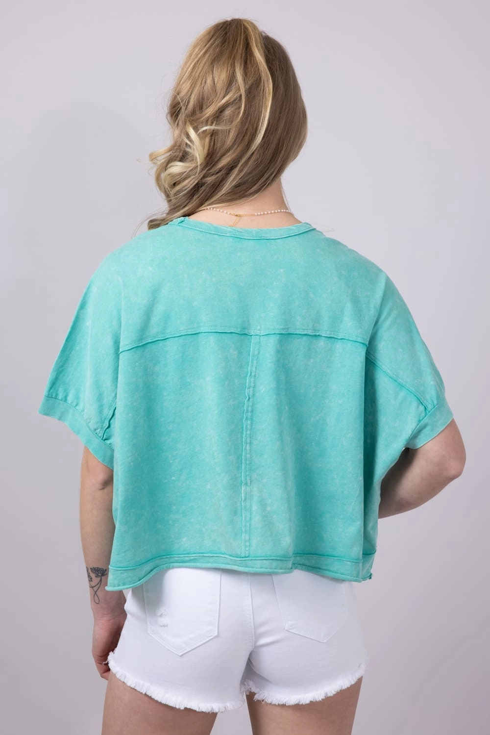 sporty and comfortable Oversized Cropped Mineral Wash Knit T-Shirt for Women in Paradise Green | NT11429-PARADISEGREEN