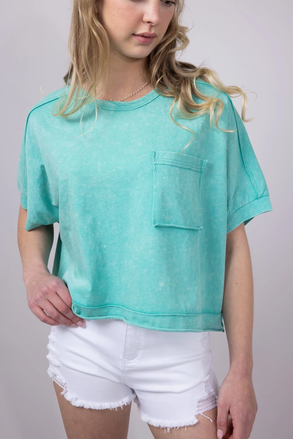 Oversized Cropped Mineral Wash Knit T-Shirt for Women in Paradise Green | NT11429-PARADISEGREEN Effortless Design Travel Essential