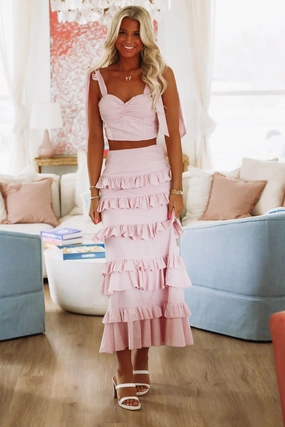 High Elasticity Material Adjustable Hem Spring Muse Ruffle Maxi Skirt - Rose Lavender