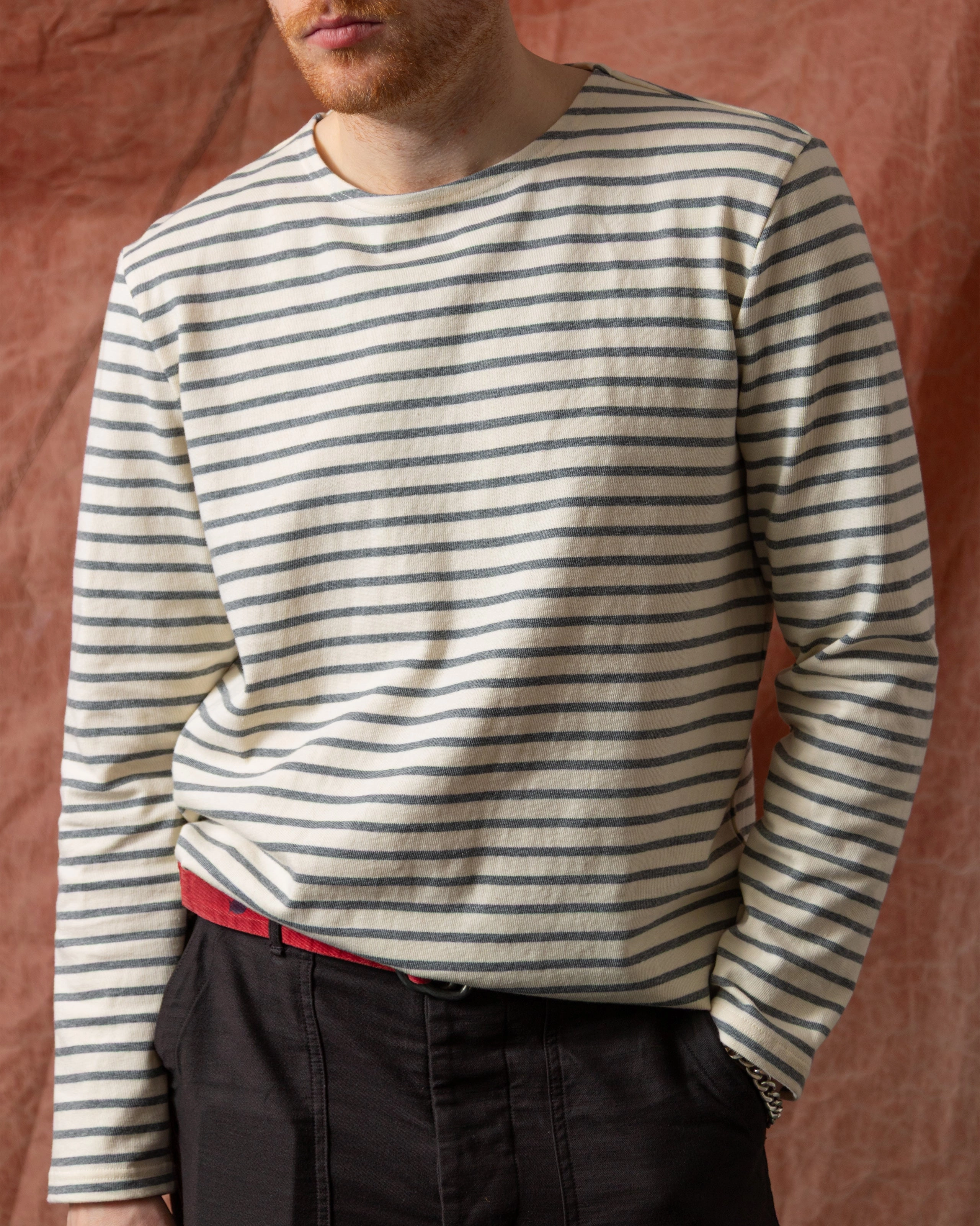 Chic Look soft look Men??s Breton Stripe Boatneck Tee in Off White/Heather Grey