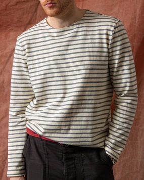 Chic Look soft look Men??s Breton Stripe Boatneck Tee in Off White/Heather Grey