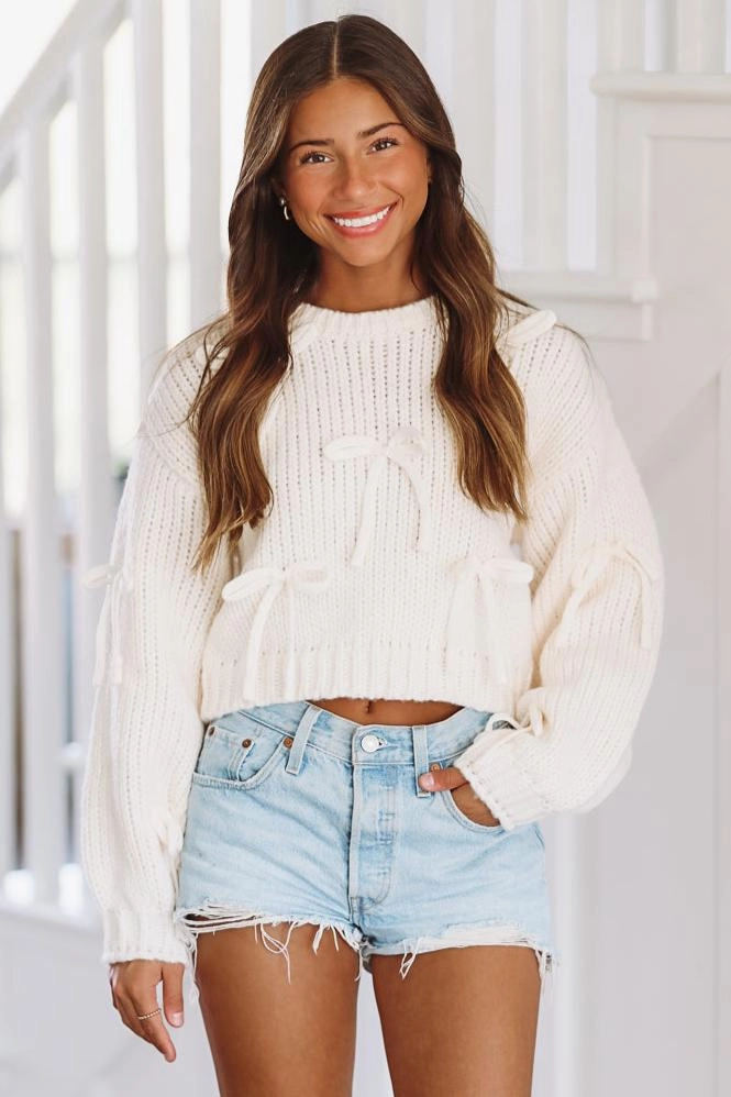 Stretchy Top Endless Crush Chunky Bow Sweater  - Ivory