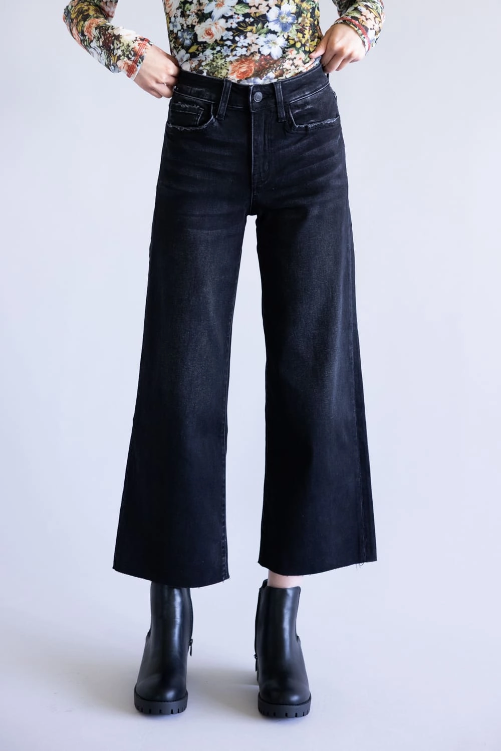 Vervet Super Soft High Rise Wide Crop Black Jeans for Women | V3634BK Creative Look Work Ready Lightweight