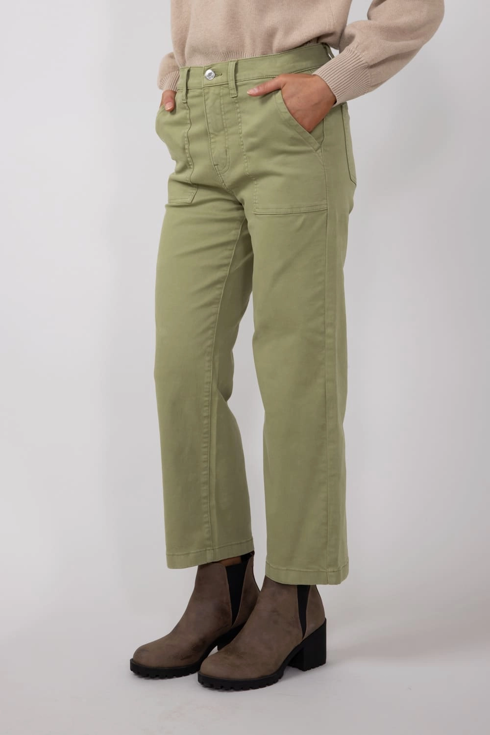 Timeless Comfort Multi Layer Knee Reinforcement Eunina Dawn Super High Rise Wide Leg Cropped Pants for Women in Green Olive | E0001770FM-GOLIV