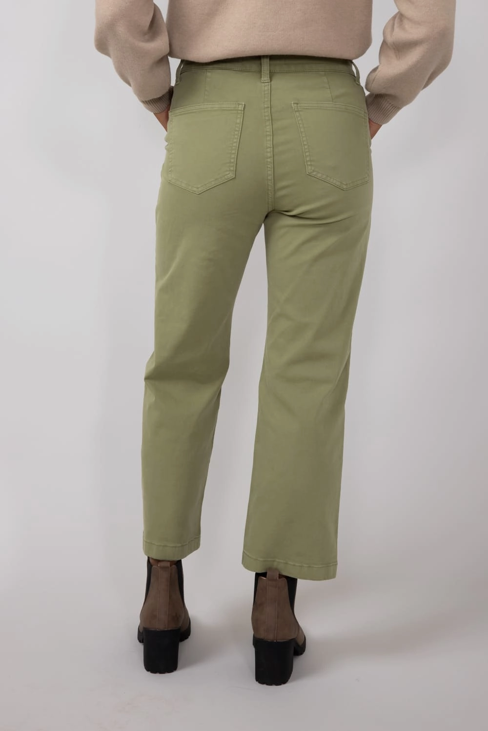 Eunina Dawn Super High Rise Wide Leg Cropped Pants for Women in Green Olive | E0001770FM-GOLIV Double Layered Knees Lockstitch Construction