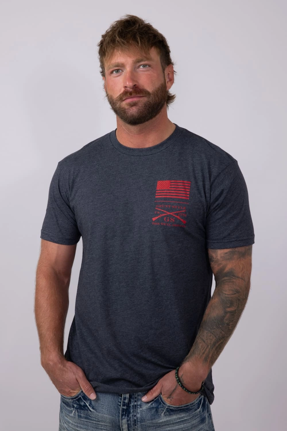 Adult Wear Wrinkle Resistant Material Grunt Style Red Blood Blue Collar T-Shirt for Men in Charcoal | GS5758-CHARCOAL