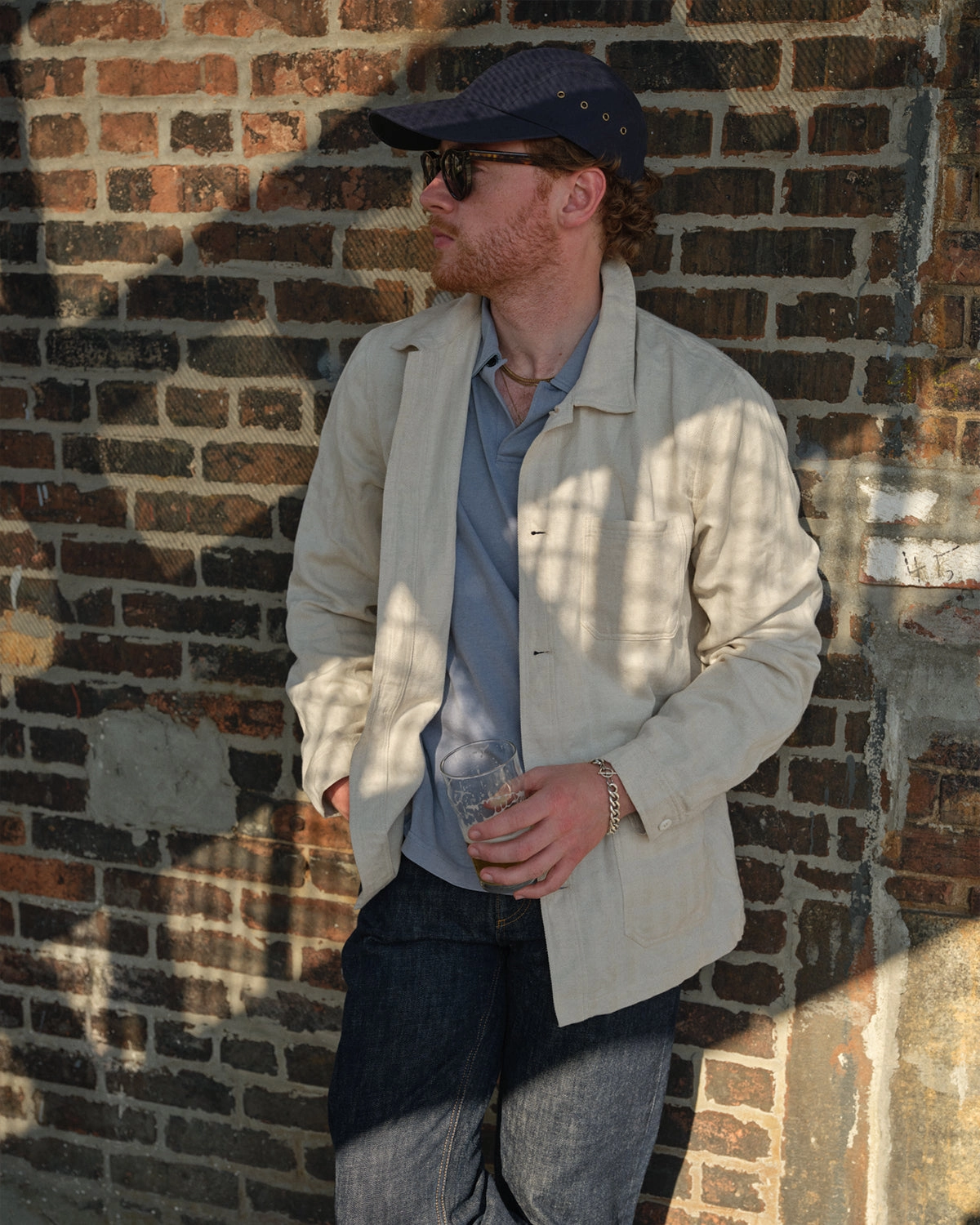 Soft Fleece Interior Antique Cotton Linen French Workman's Jacket in Natural Herringbone