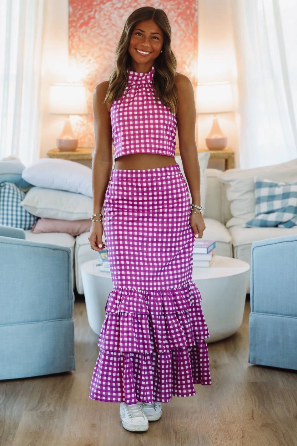 Anti Static Weave Technology Ventilated Mesh Panels Winning Play Top and Maxi Skirt Set - Purple and White