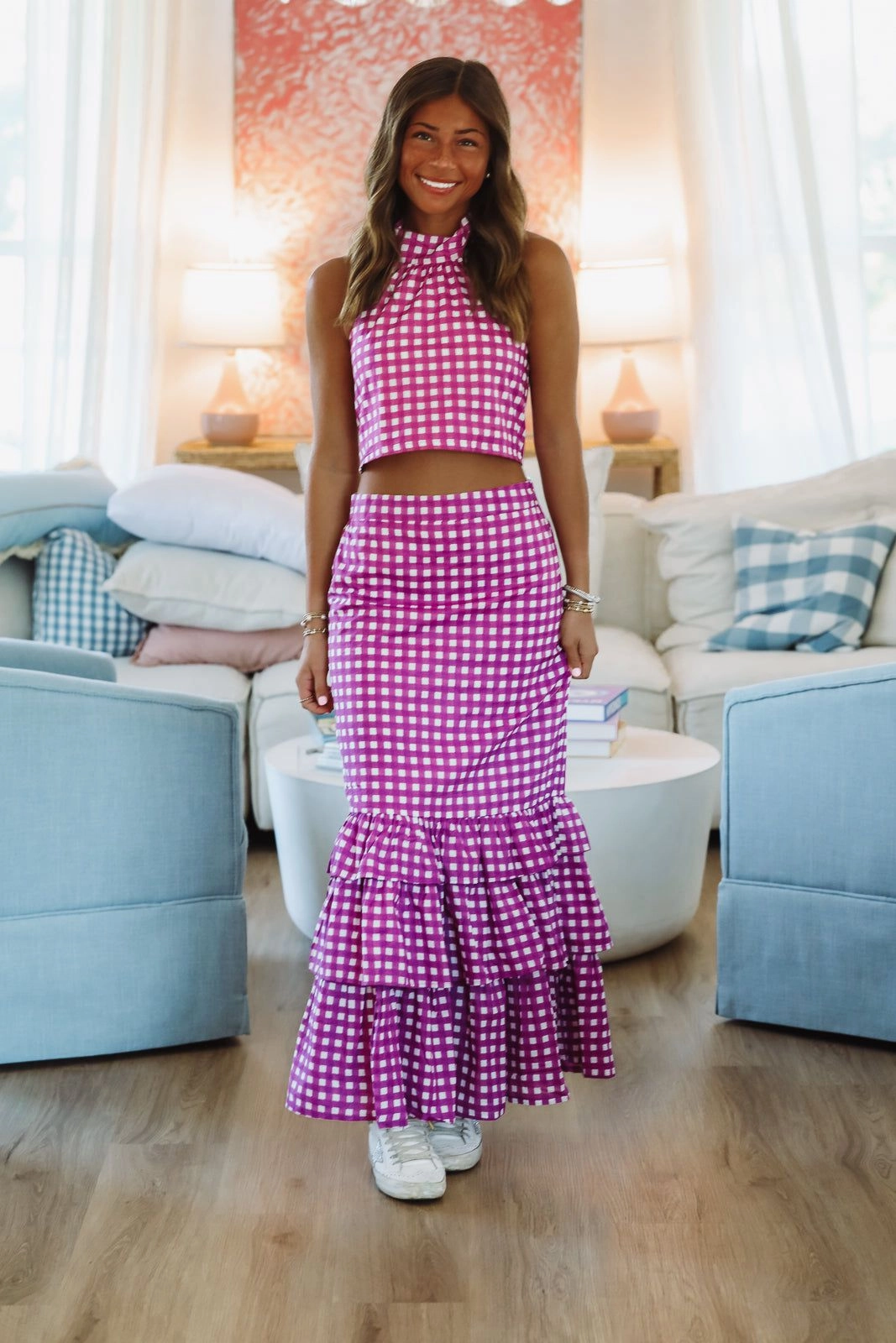 ElasticTrimming Winning Play Top and Maxi Skirt Set - Purple and White