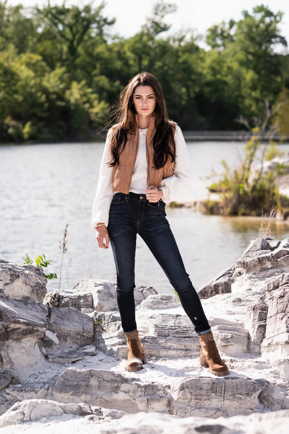 NoiseFreeFabric No Static Fashion Utility Touch Love Tree Cropped Corduroy Puffer Vest for Women in Brown | 5101VH-CAMEL