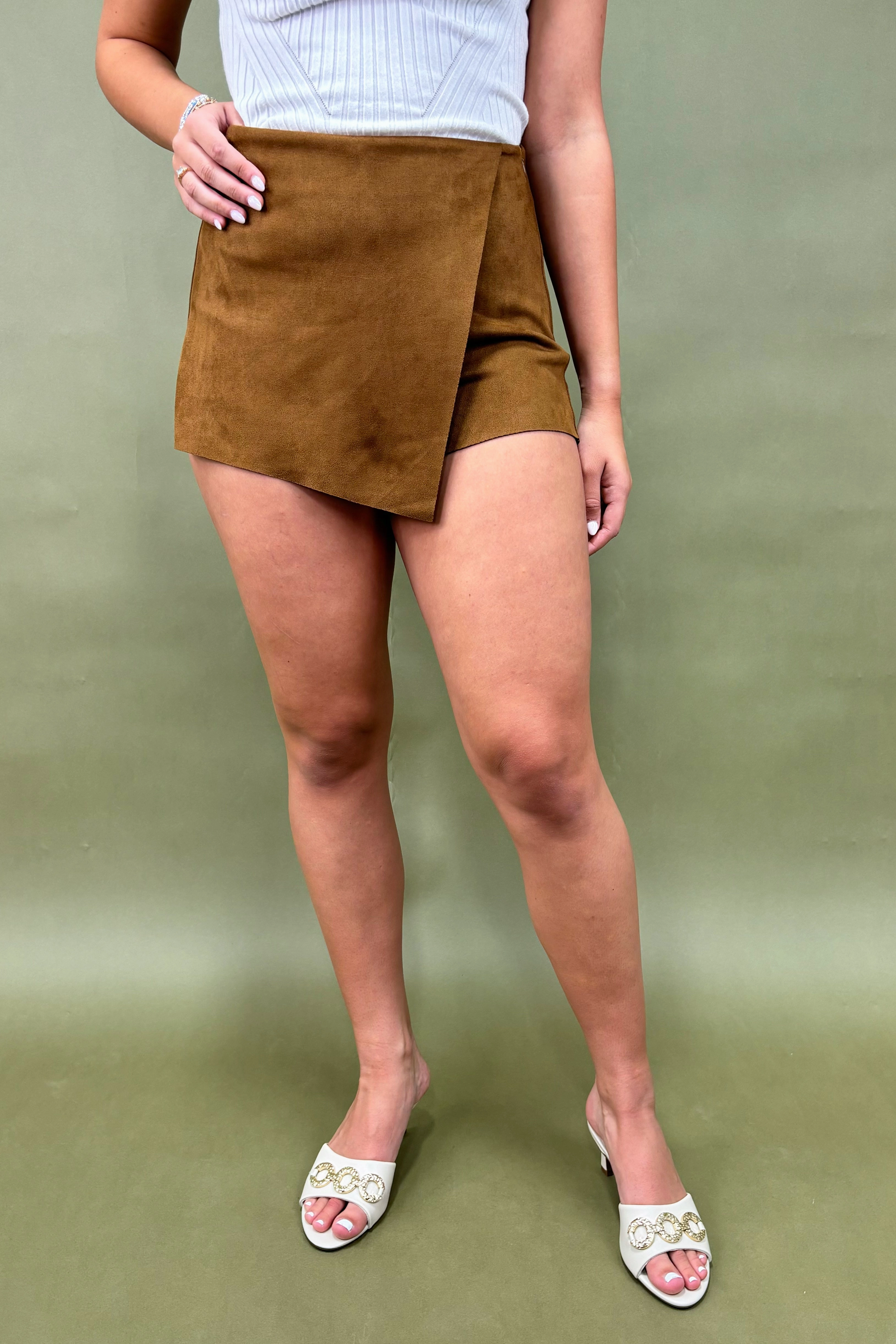 Caramel Cutie Faux Suede Skort Lightweight Layer
