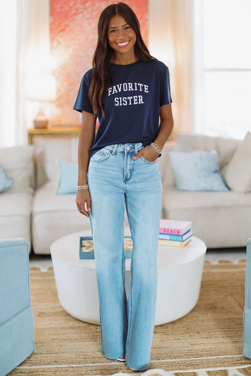 Slim Silhouette Durable Double Stitching Favorite Sister Cropped Collegiate Tee - Navy