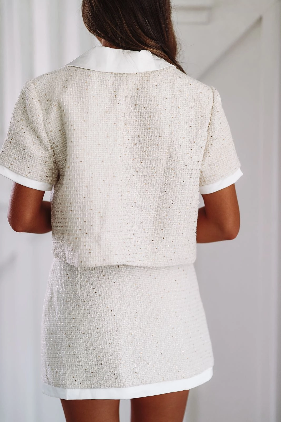 High Durability Material Feels Right Tweed Crop Jacket and Mini Skirt Set - Cream