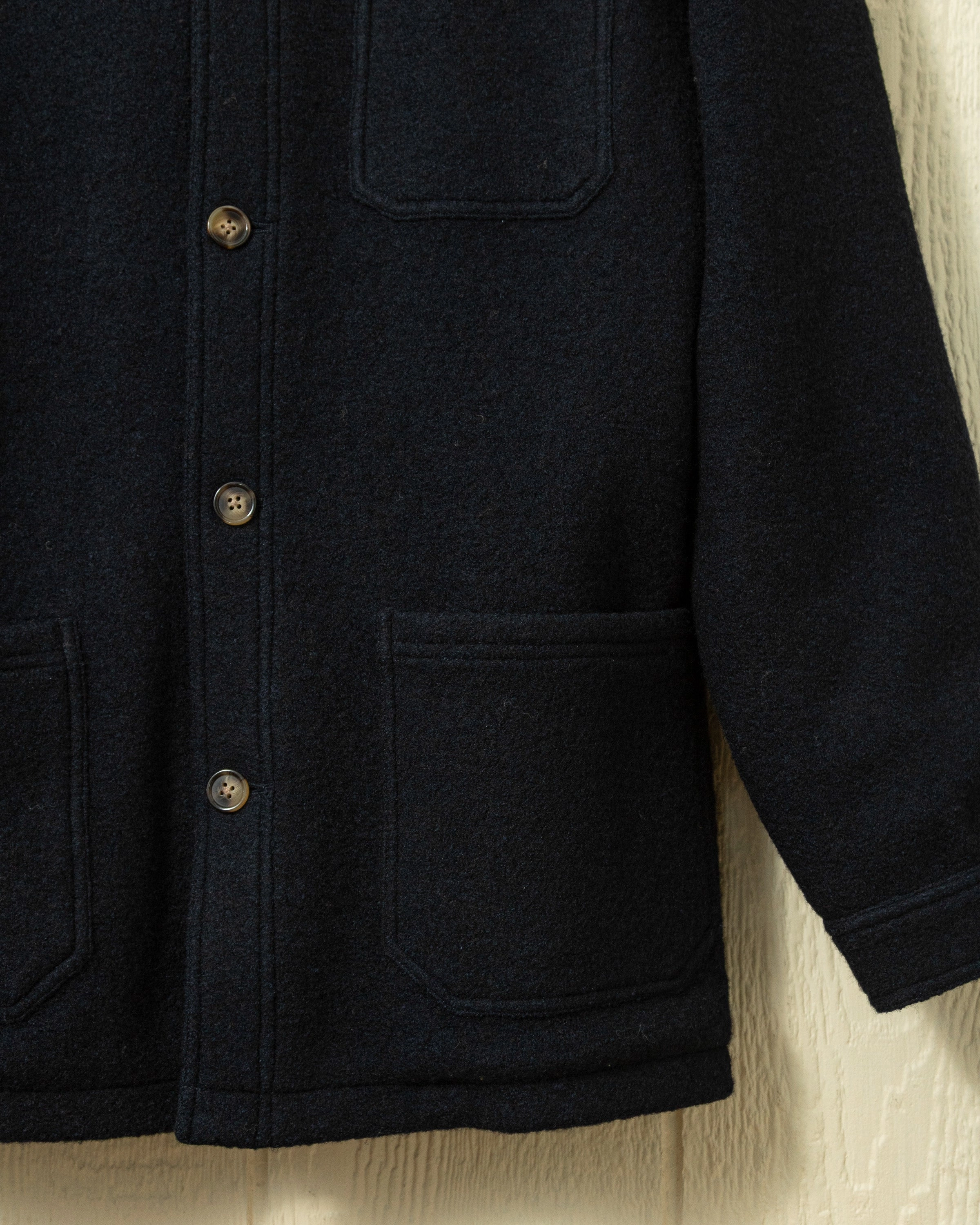 Felted Wool French Workman's Jacket in Navy Ultra Soft Brushed Interior Matte Surface Texture