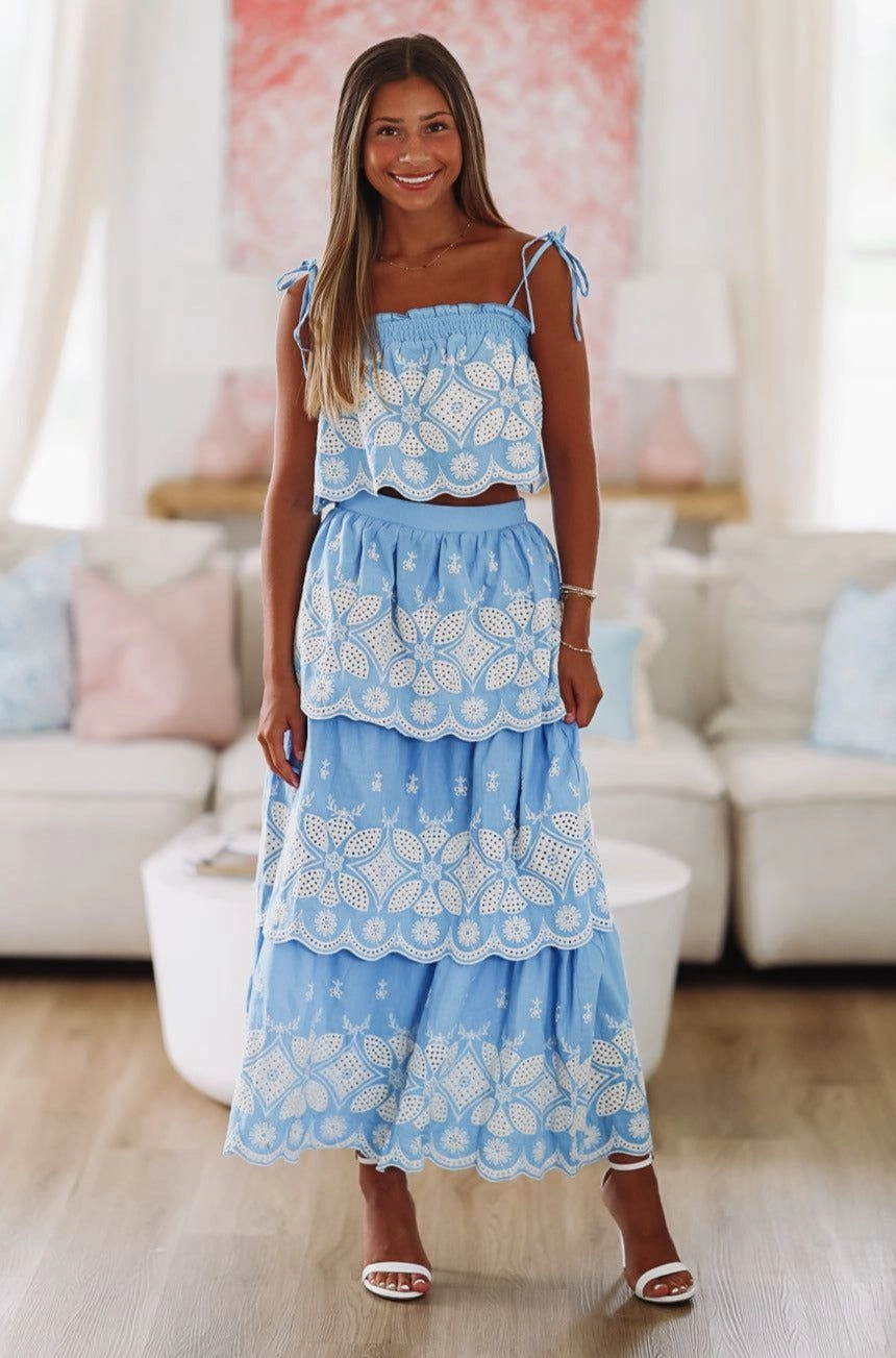 Sequined Finish Festival in the Sand Crop Top and Skirt Set - Blue and White