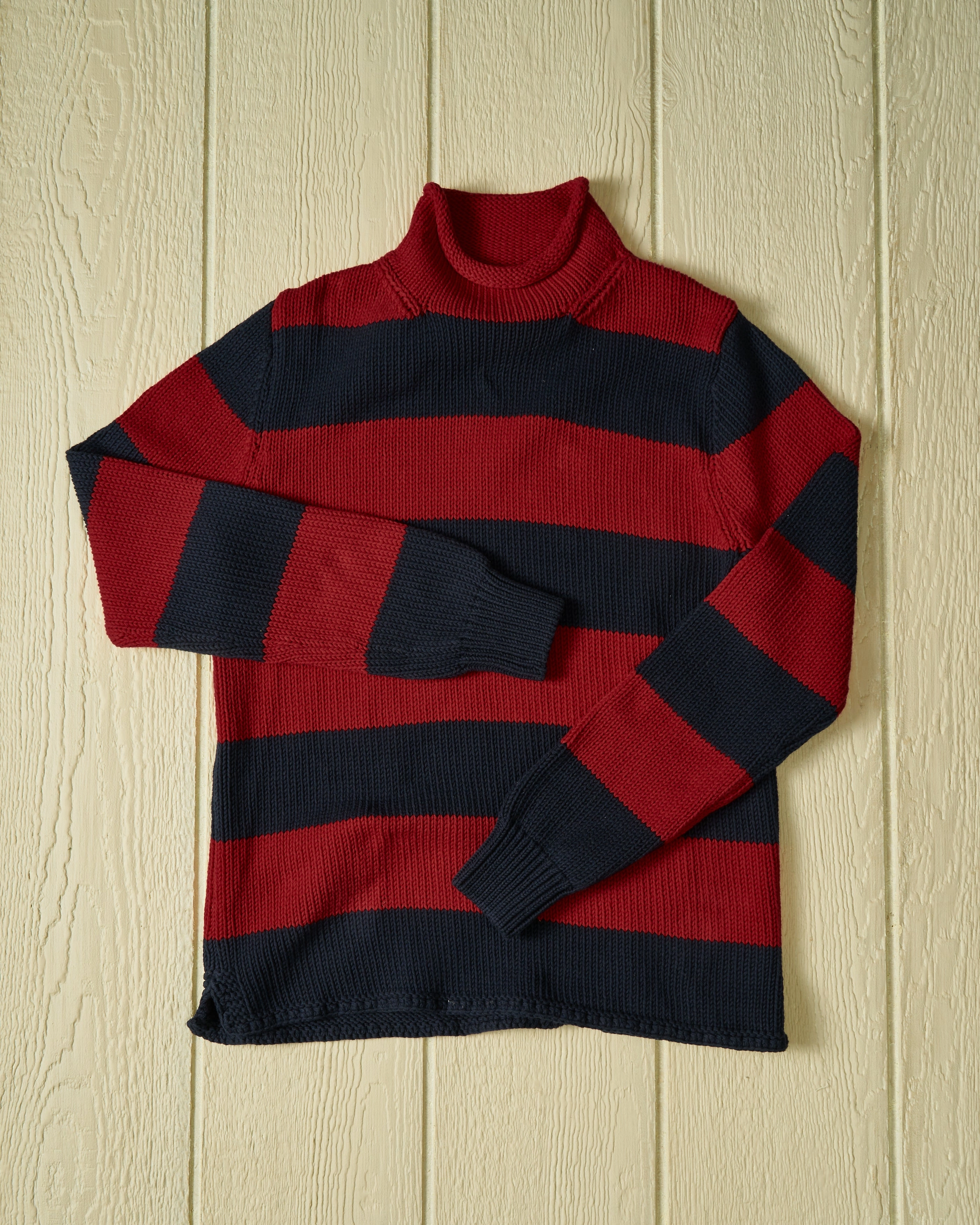 LowImpact Knitting Soft Drape Fisherman's Sweater in Navy/Burgundy Stripe