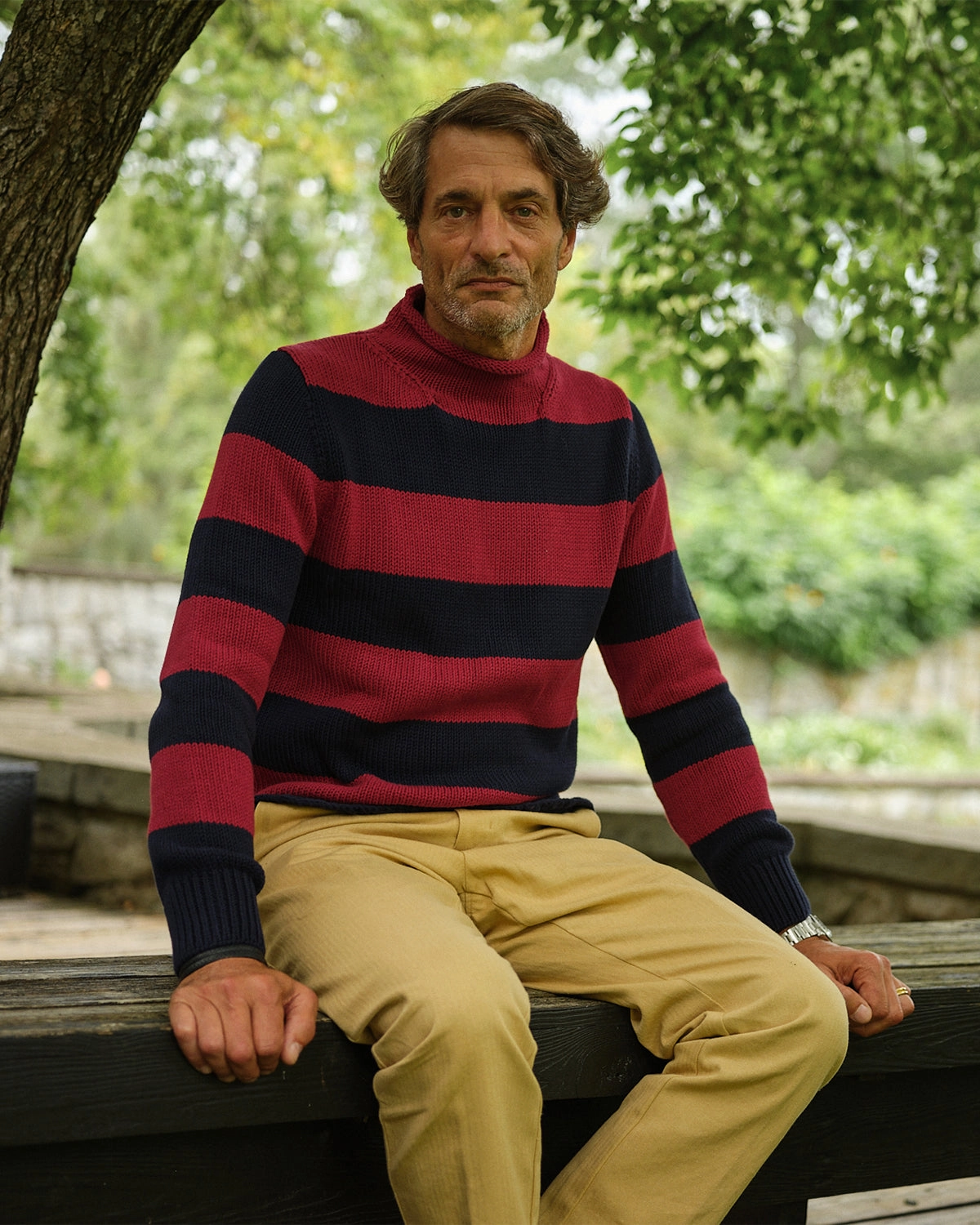 Fisherman's Sweater in Navy/Burgundy Stripe Cozy Interior Fleece