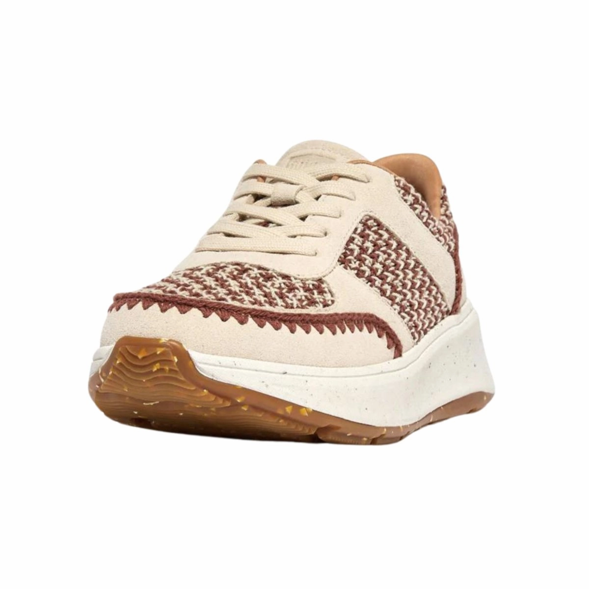FitFlop Women's F-Mode e-1 Crochet/Suede Flatform Sneakers Brown Tear Resistant Upper Support Tech