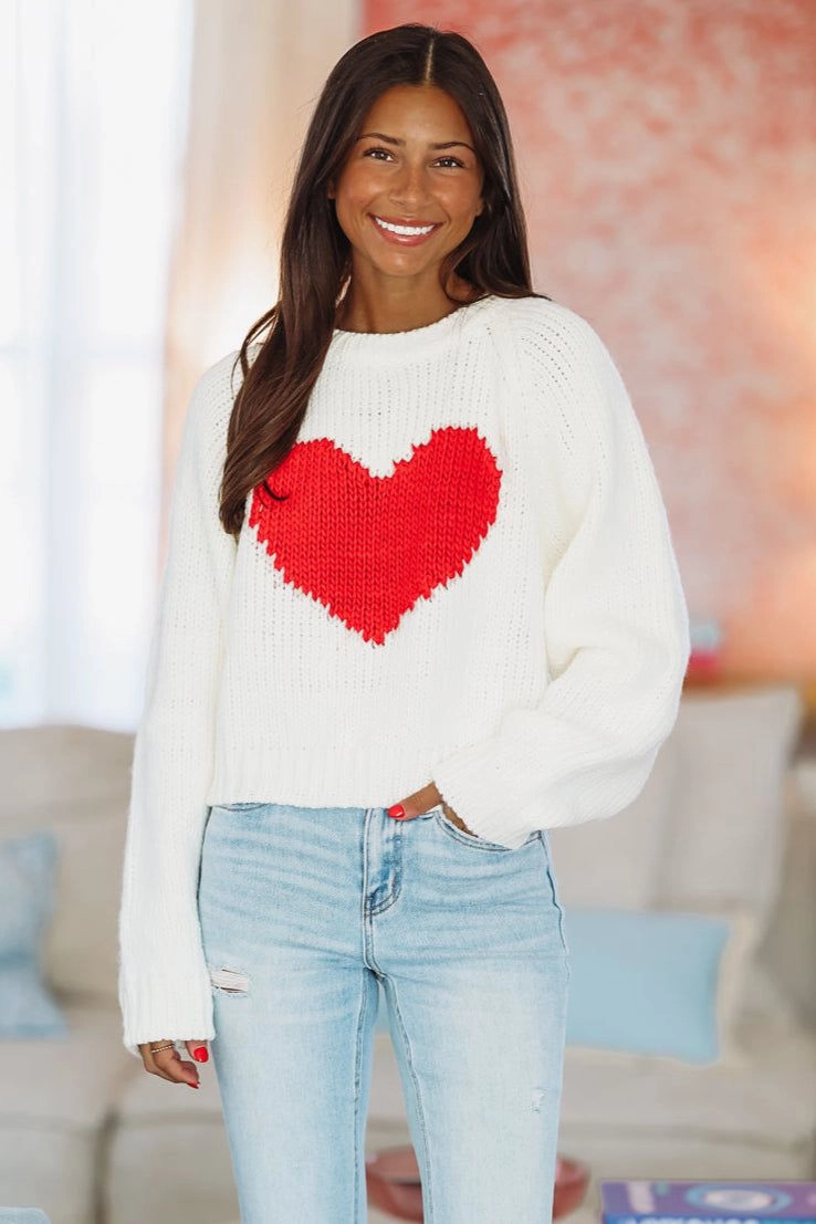 SnagProof AdjustableNeckline My Heart Crop Sweater - White