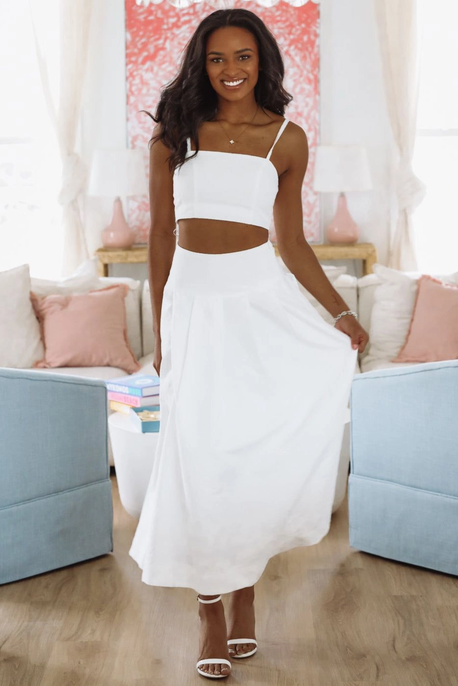 Low Rise The Keeper Crop Top and Midi Skirt Set - White