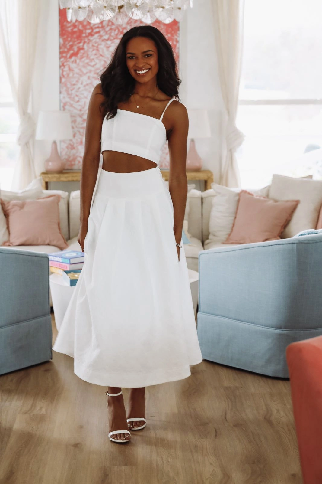 The Keeper Crop Top and Midi Skirt Set - White ribbed texture