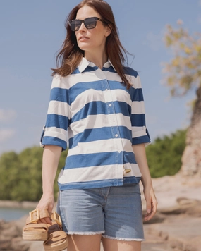 Avalon Indigo Knit Top in Blue/White Rugby Stripe Fitted Blouse OEKOTEX Certified Fabric