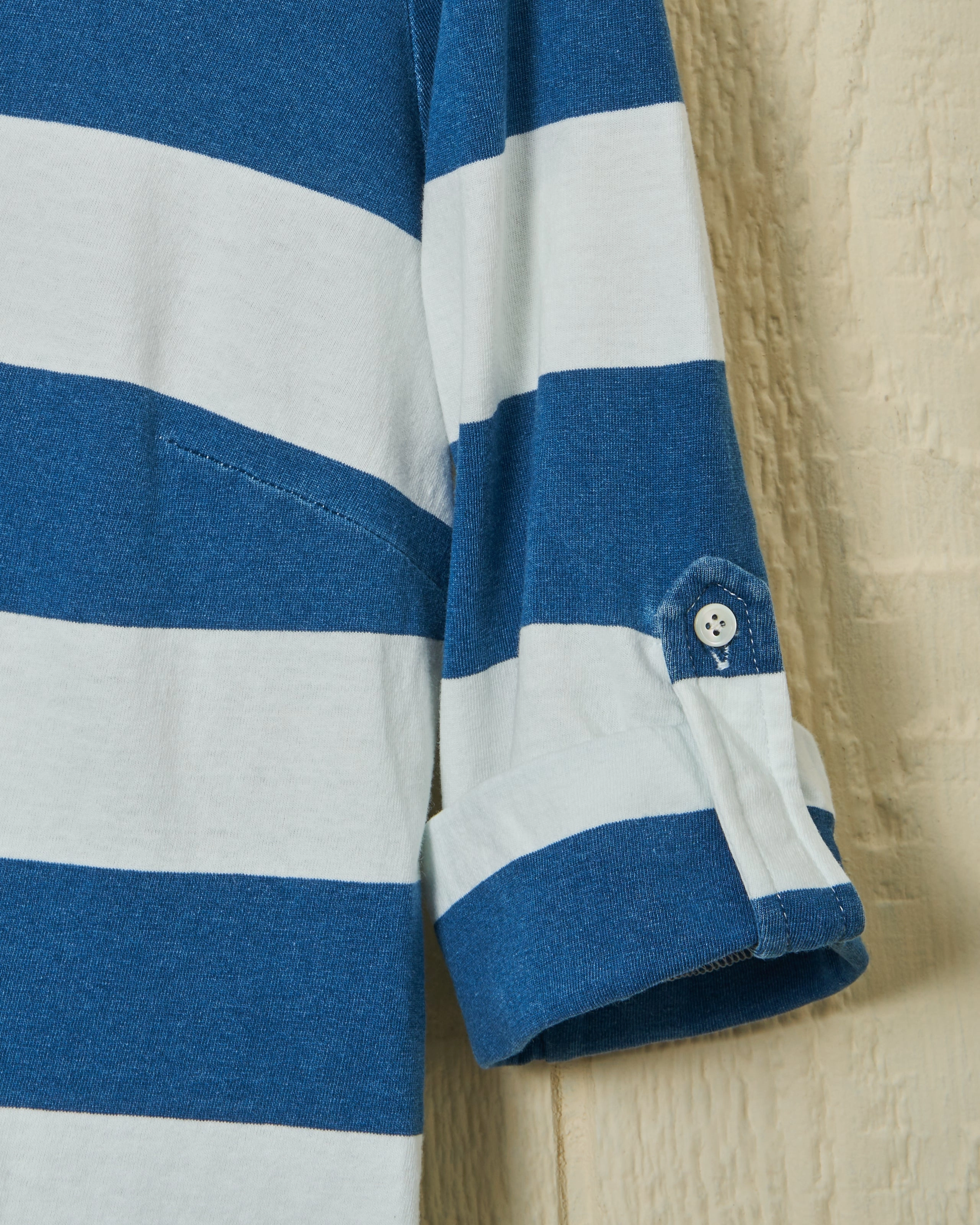 Avalon Indigo Knit Top in Blue/White Rugby Stripe Minimalist Collar VersatileLayering