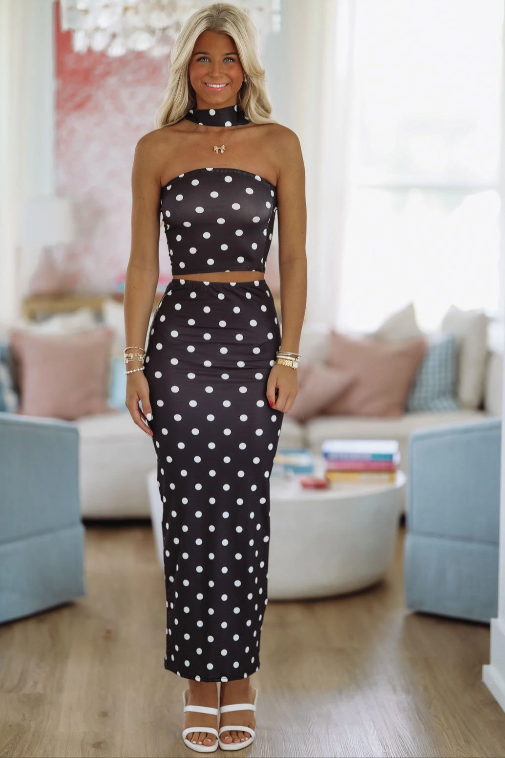 NeutralPalette Polka My Dots Top and Maxi Skirt Set - Black