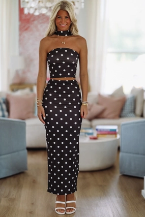 Ergonomic Shoulder Shape Polka My Dots Top and Maxi Skirt Set - Black