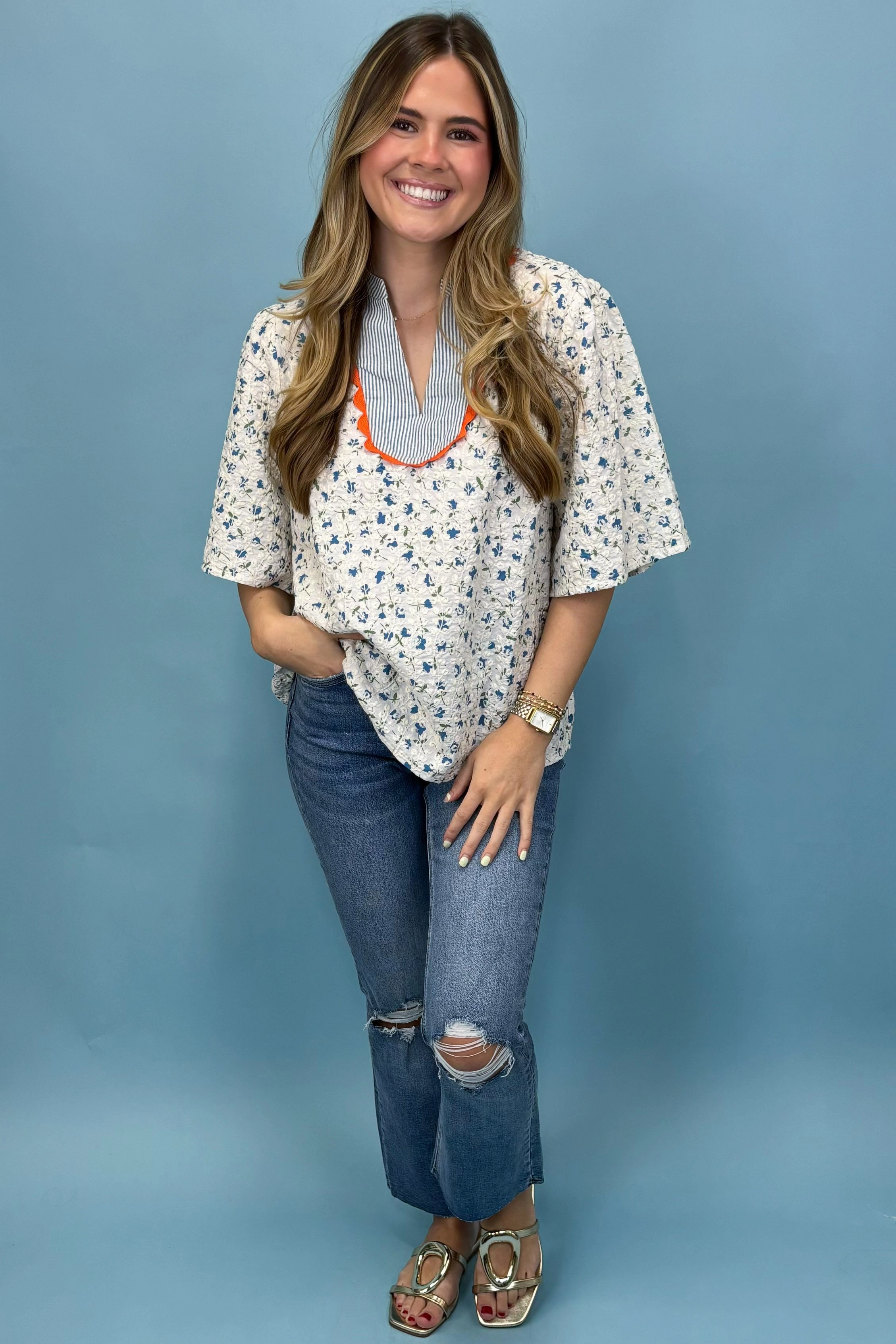 Eco Friendly Material Floral Paradise Blue Floral Embroidered Top