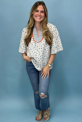 Eco Friendly Material Floral Paradise Blue Floral Embroidered Top