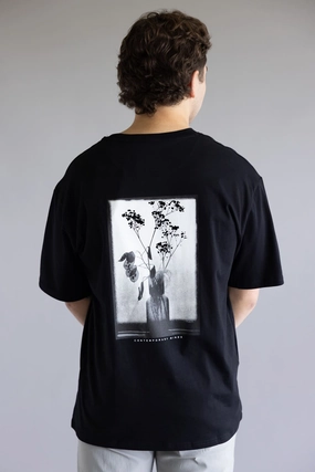 Fresh Comfort Style Flower Photo T-Shirt for Men in Black | CKTS-C484