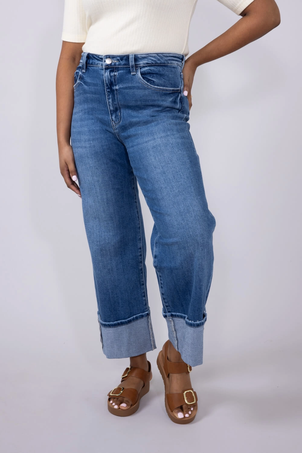 Minimal Aesthetic Flying Monkey High-Rise 90??s Vintage Cuffed Flare Jeans for Women | F5827