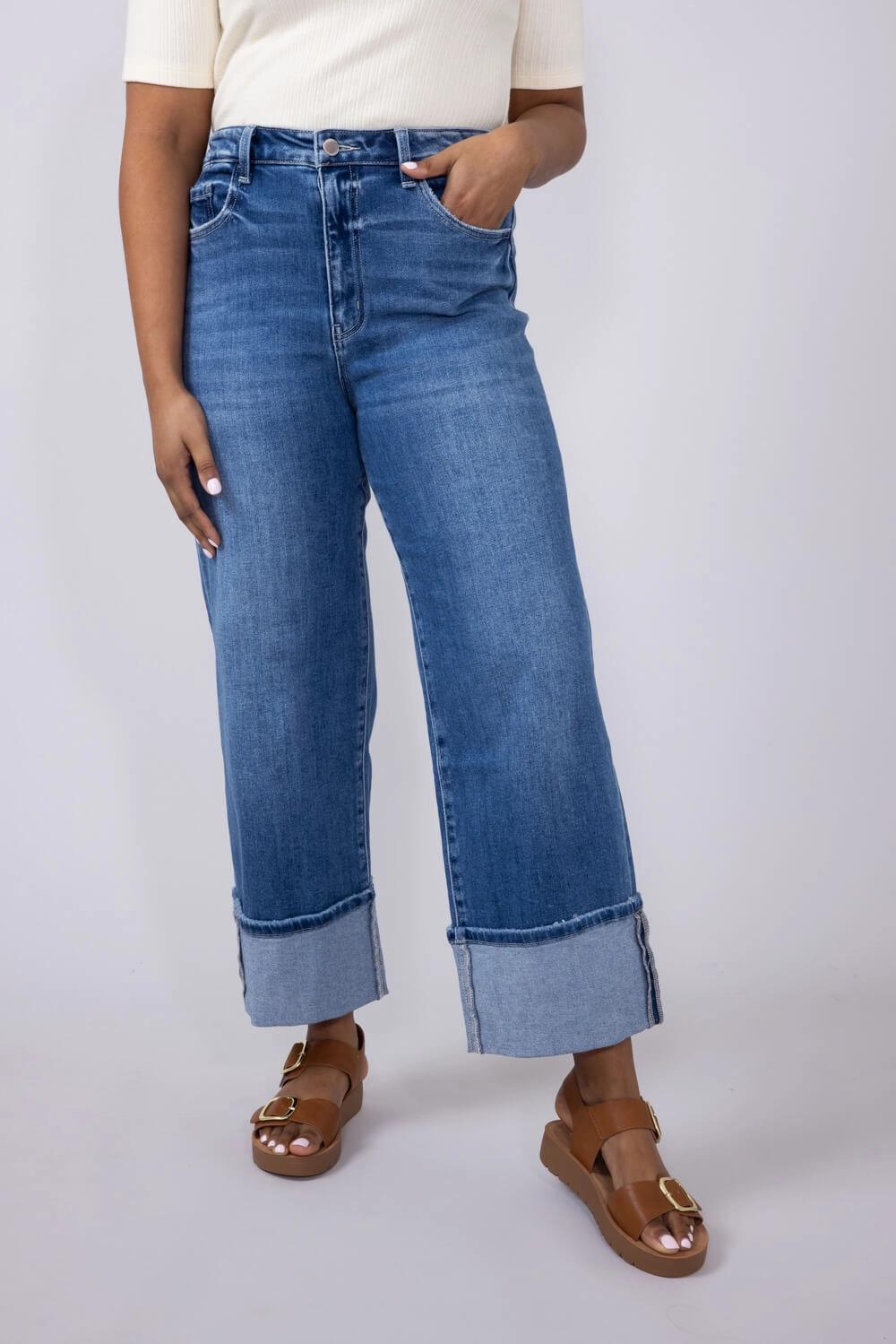 Flying Monkey High-Rise 90??s Vintage Cuffed Flare Jeans for Women | F5827 Clean Silhouette