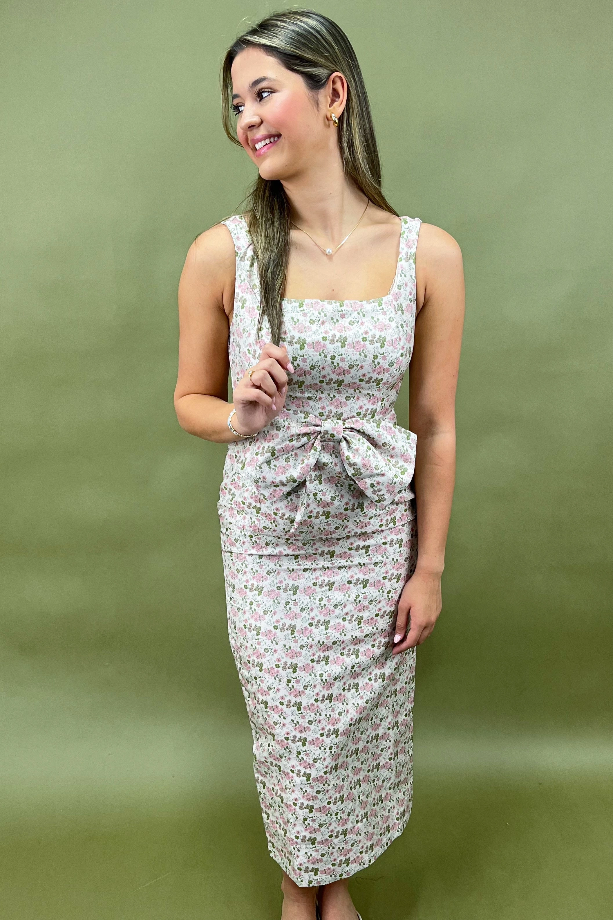 Lightweight Fabric Bows & Blossoms Floral Midi Dress