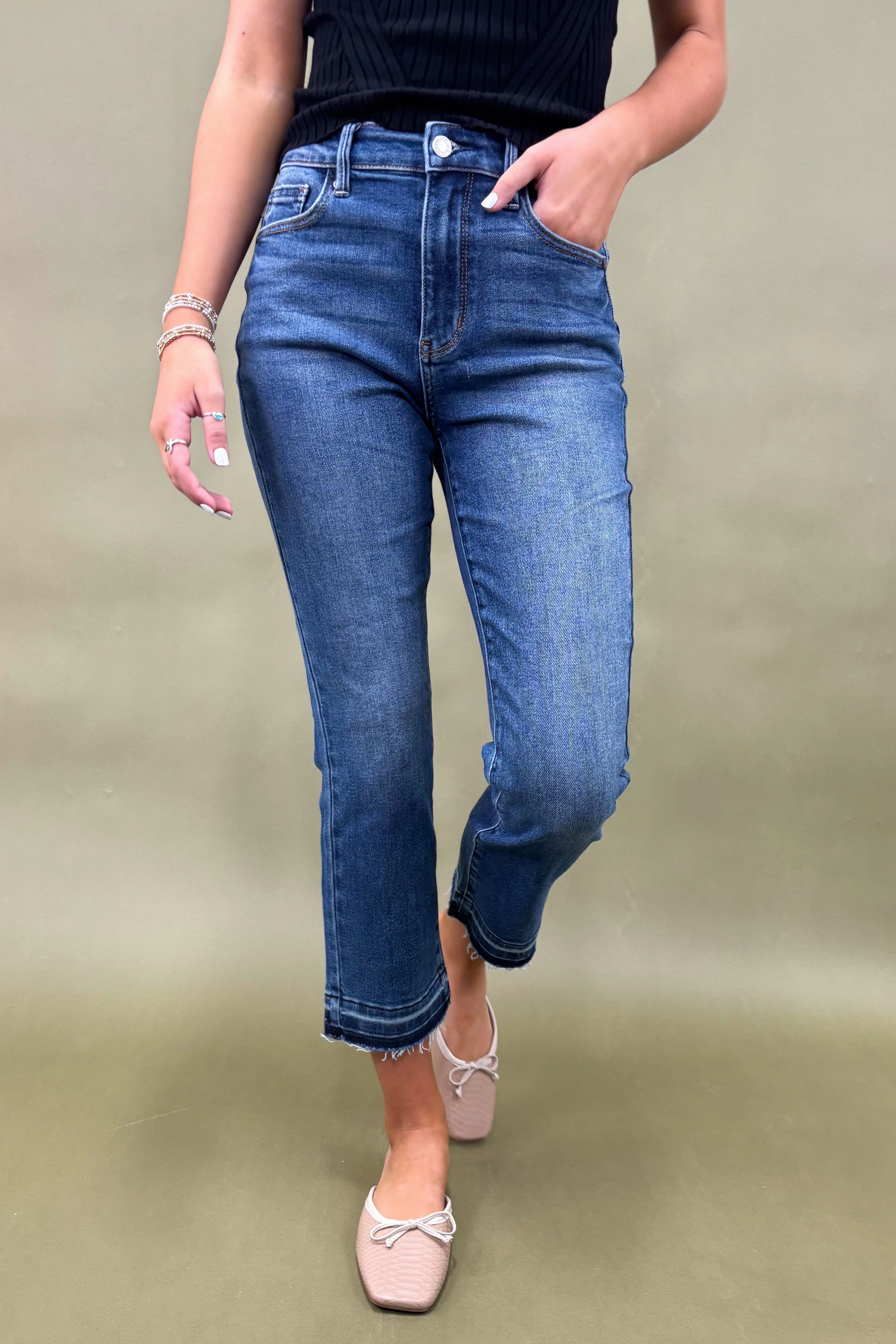 The Brielle Vintage Wash Hem Kick Flare Jeans Tapered leg No Gap Waistband
