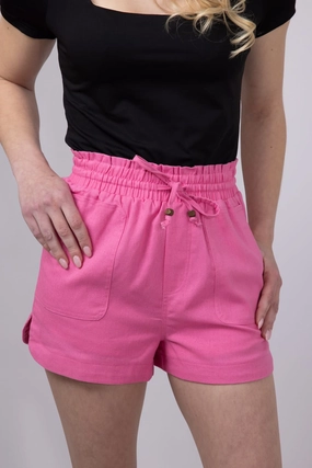 Flexible Layer Fit Hidden Storage Compartment Elastic Waist Linen Shorts for Women in Hot Pink | NP70478-HOTPINK